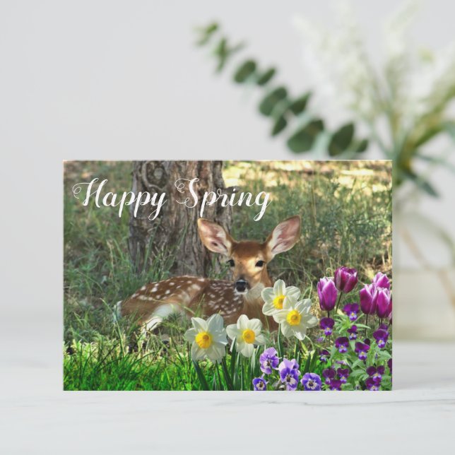 Happy Spring l Deer and Tulips Flat Card (Standing Front)