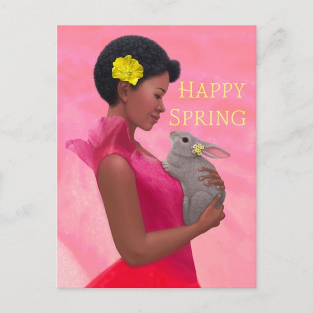 "Happy Spring Lady with Rabbit." Postcard (Front)
