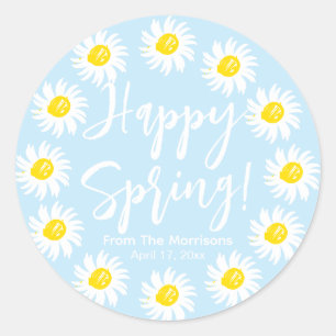 Happy Spring pale blue daisies frame custom script Classic Round Sticker