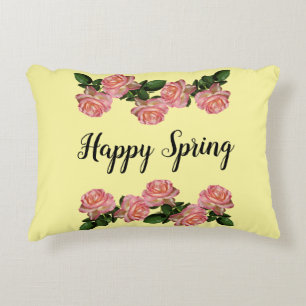 Happy Spring Pink Roses Yellow Vintage Accent Pillow