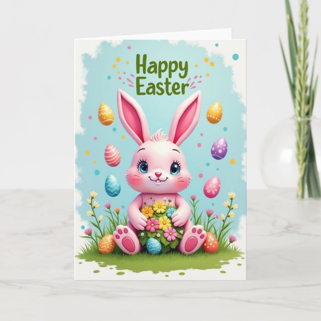 Happy Spring Rabbit Flower Card (Front)