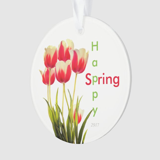 Happy Spring Red Tulips with Date Keepsake Ornament (Front)