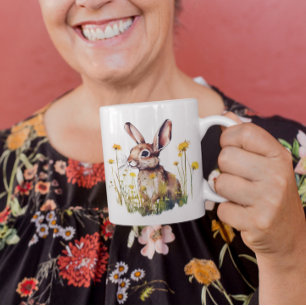 Happy Spring Watercolor Rabbit Fleurs Jaunes Mug
