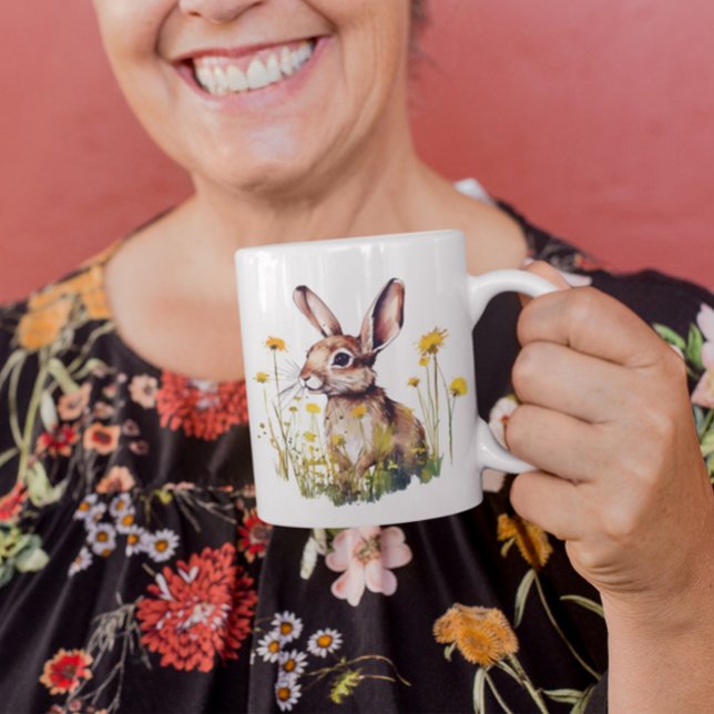 Happy Spring Watercolor Rabbit Fleurs Jaunes Mug (Créateur téléchargé)