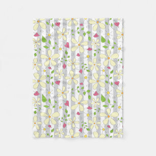 Happy spring white daisies hearts floral fleece blanket