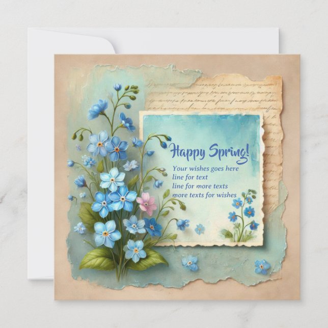 Happy spring with blue forget-me-not flowers holiday card (Front)