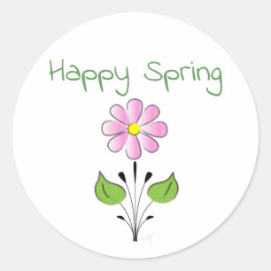 Happy Spring with Pink Flower Cute Classic Round Sticker