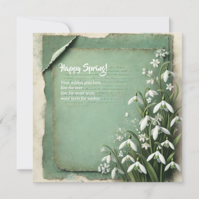 Happy spring with snowdrops flowers green holiday card (Front)