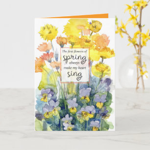 Happy Spring Yellow Purple Flowers Watercolor Card