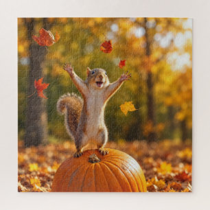 Happy Squirrel Tossing Autumn Leaves in the Air Jigsaw Puzzle