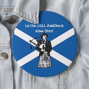 Happy St Andrews Day Flag Bagpiper Colossal Badge 6 Inch Round Button