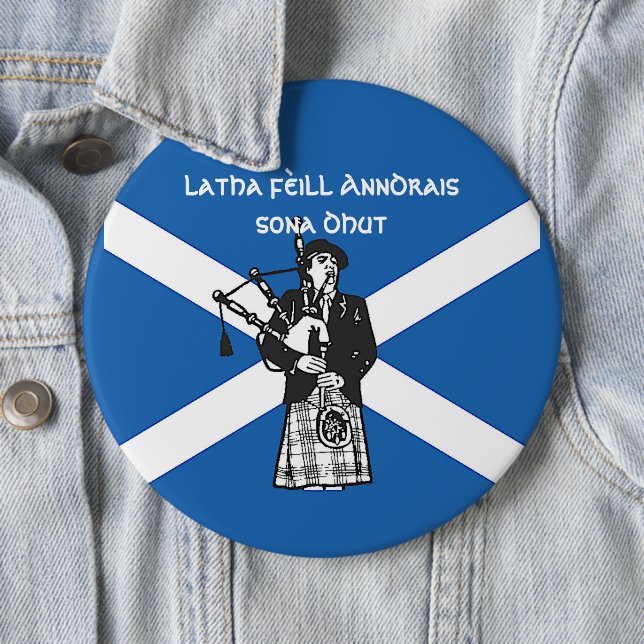 Happy St Andrews Day Flag Bagpiper Colossal Badge 6 Inch Round Button (In Situ)