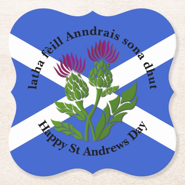 Happy St Andrews Day Flag Thistle bracket Paper Coaster (Front)
