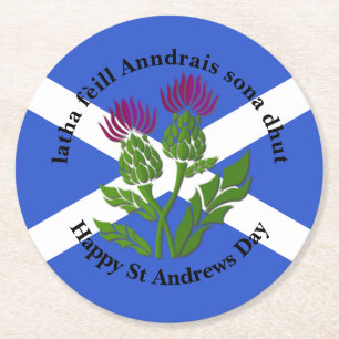 Happy St Andrews Day Flag Thistle Round Paper Coaster