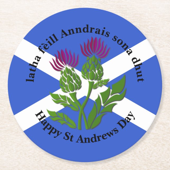 Happy St Andrews Day Flag Thistle Round Paper Coaster (Front)
