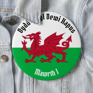 Happy St. David's Day Red Dragon Welsh Flag 6 Inch Round Button