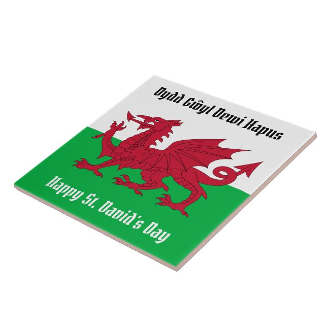 Happy St. David's Day Red Dragon Welsh Flag Square Tile (Side)