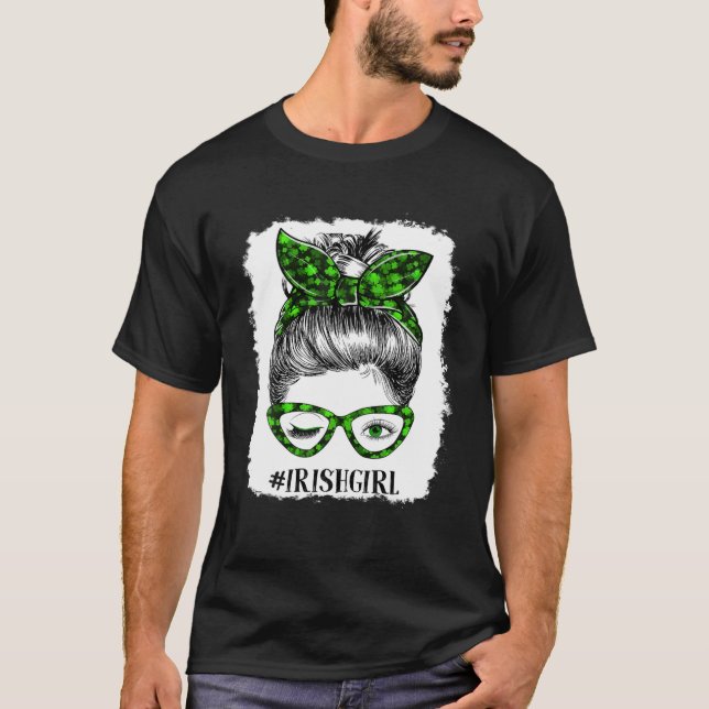 Happy St Patrick Day Funny Messy Bun Shamrock Band T-Shirt (Front)