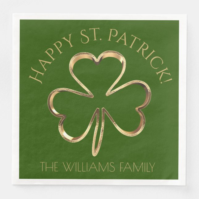 Happy St. Patrick Green and Gold Clover Shamrock N Napkin (Front)