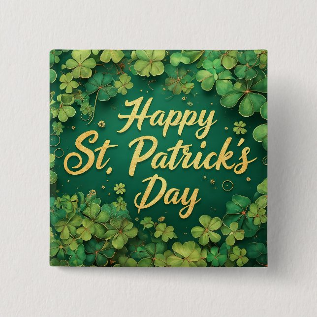 Happy St. Patrick’s Day Clover Design 2 Inch Square Button (Front)