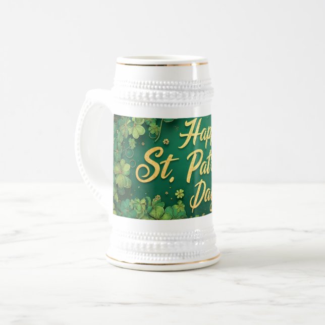 Happy St. Patrick’s Day Clover Design Beer Stein (Front Left)