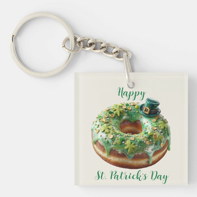 Happy St. Patrick’s Day Donut with Leprechaun Hat Keychain (Front)