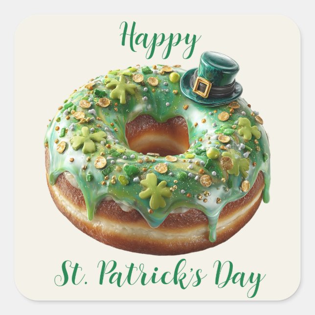 Happy St. Patrick’s Day Donut with Leprechaun Hat Square Sticker (Front)