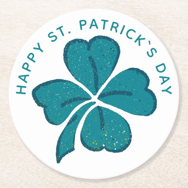 Happy St. Patrick`s Day Green Shamrock Clover Round Paper Coaster (Front)