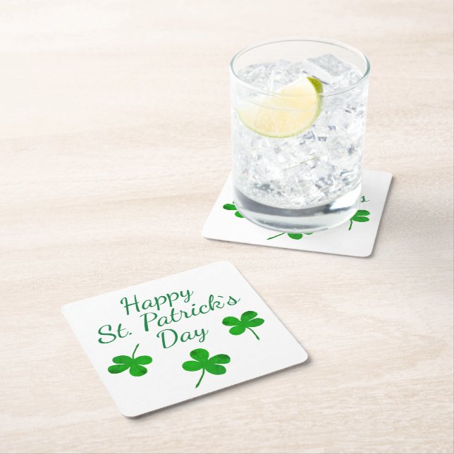 Happy St. Patrick`s Day Irish Green Shamrock Square Paper Coaster (Insitu)