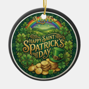 Happy St. Patrick’s Day Love Heart Rainbow Shamroc Ceramic Ornament