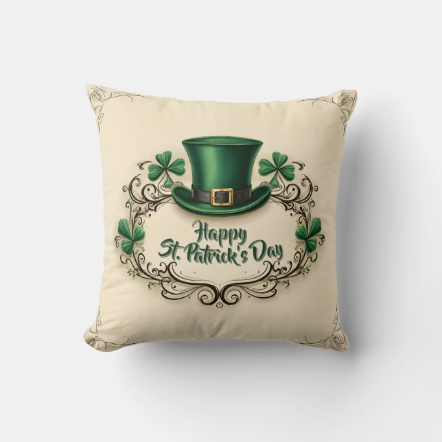 Happy St. Patrick’s Day Shamrock Design Throw Pillow (Front)