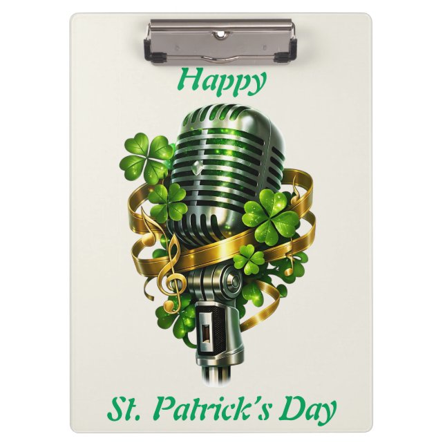 Happy St. Patrick’s Day Shamrock & Microphone Clipboard (Front)