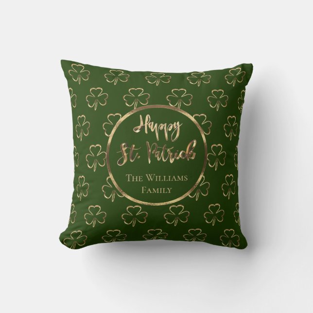 Happy St. Patrick Shamrocks Green Clovers Irish Throw Pillow (Front)
