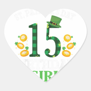 Happy St Patrick's Day 15 Years Old Birthday Lepre Heart Sticker