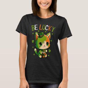 Happy St Patrick's Day Be Lucky Cat and Shamrocks T-Shirt