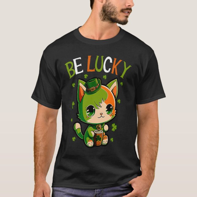 Happy St Patrick's Day Be Lucky Cat and Shamrocks T-Shirt (Front)