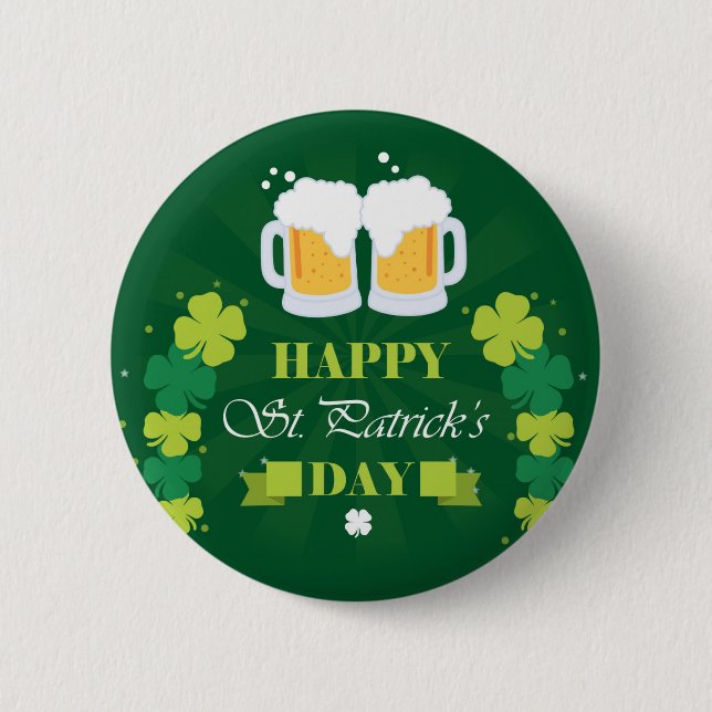 Happy St. Patricks Day Beer and Clovers 2 Inch Round Button (Front)