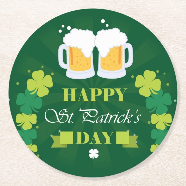 Happy St. Patricks Day Beer and Clovers Round Paper Coaster (Front)