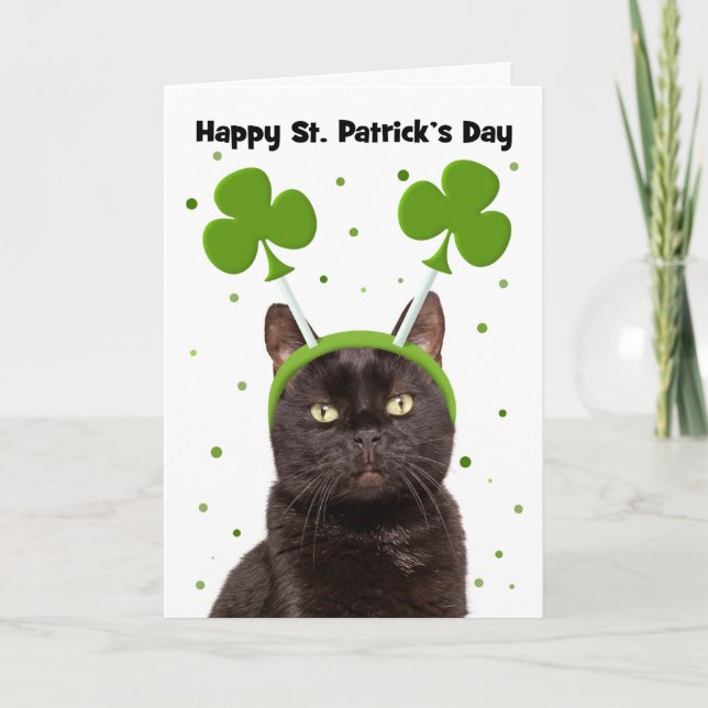 Happy St Patricks Day Black Cat in Shamrocks Holiday Card (Front)
