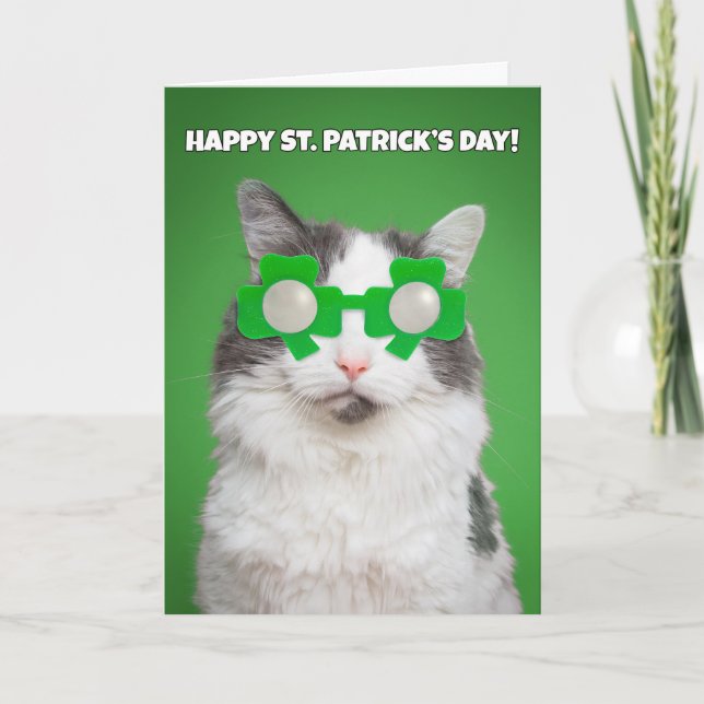 Happy St. Patrick's Day  Cat in Shamrock Glasses Holiday Card (Front)