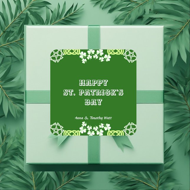 Happy St Patricks Day Celtic Lucky Shamrock Border Square Sticker (Happy St Patricks Day Celtic Lucky Shamrock Border Square Sticker)