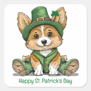 Happy St. Patrick's Day Corgi Dog Square Sticker