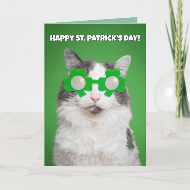 Happy St. Patrick's Day Cute Cat Holiday Card (Front)