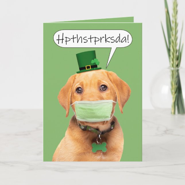 Happy St Patrick's Day Cute Dog in Face Mask Holiday Card (Front)