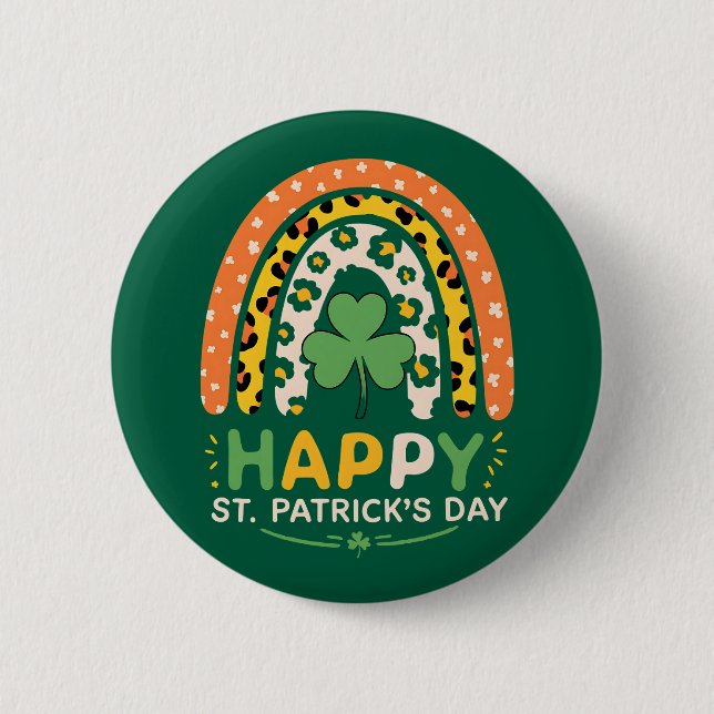 Happy St Patrick's Day Cute Rainbow Leopard 2 Inch Round Button (Front)
