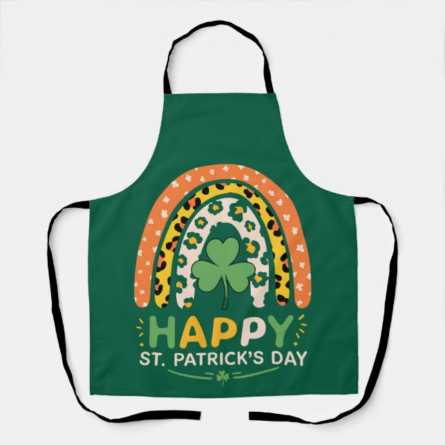Happy St Patrick's Day Cute Rainbow Leopard Apron (Front)