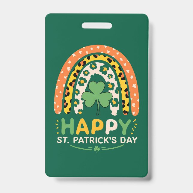 Happy St Patrick's Day Cute Rainbow Leopard Badge (Front)