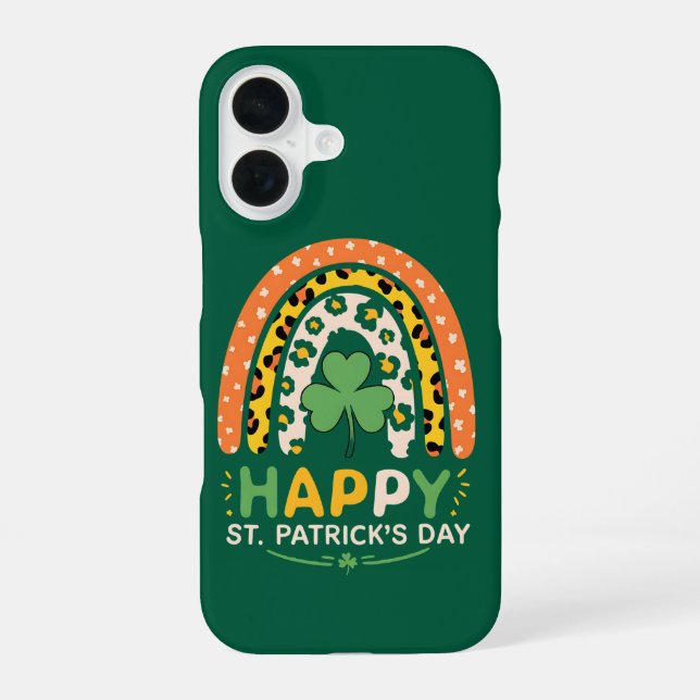 Happy St Patrick's Day Cute Rainbow Leopard iPhone 16 Case (Back)
