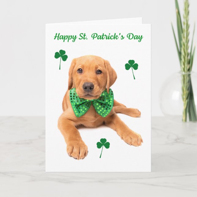 Happy St. Patrick's Day Cute Red Fox Lab Puppy Holiday Card (Front)