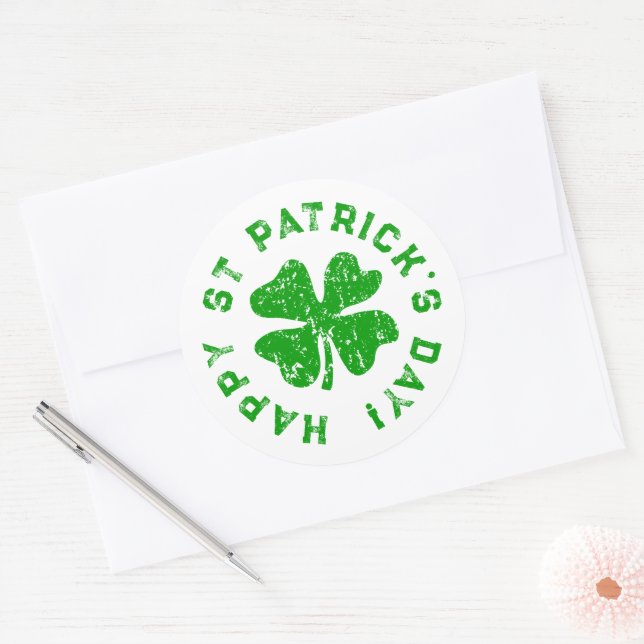 Happy St Patrick's Day Distressed shamrock clover Classic Round Sticker (Envelope)
